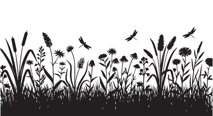 Silhouette of a meadow with various wildflowers, grasses, and dragonflies against a transparent background