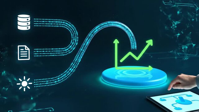 Digital Transformation - Data Pipeline to Lakehouse: Three pictograms feed a crystal U-bend into a glossy lake tile while a micro trend lifts two steps.