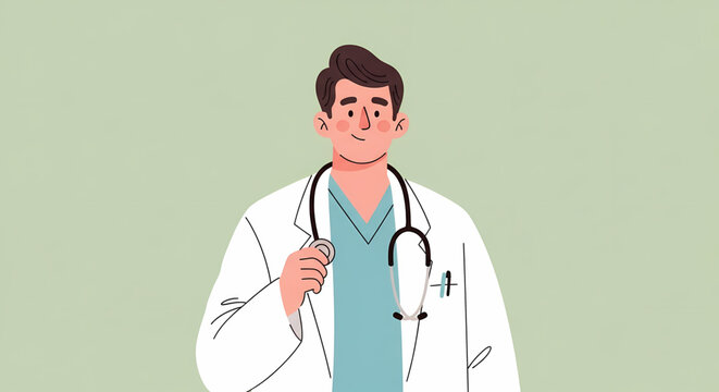 Smiling male doctor illustration in white lab coat with stethoscope, symbolizing expert medical care, professional healthcare services, and compassionate support for patient well-being