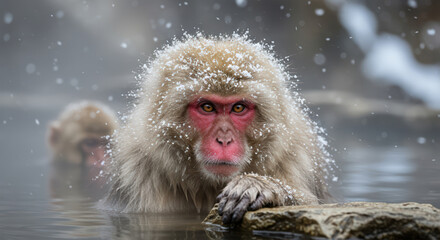 Naklejka premium Japanese snow monkeys. A Japanese macaque (snow monkey)