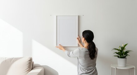Woman hangs blank picture frame on white wall in minimalist living room, creating cozy and modern atmosphere with natural light streaming in.