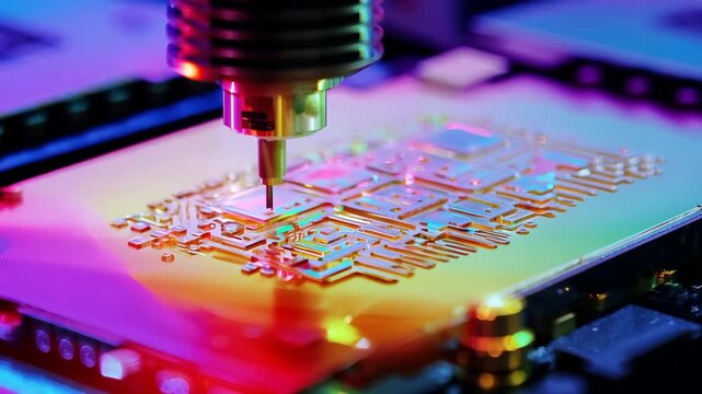 Microchip production printing processor CPU component AI video memory storage microelectronics assembly semiconductor technology industry manufacturing computer circuit board equipment laboratory