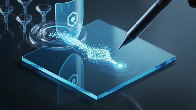 MDM Enroll & Policy Applied: desk-mat policy ring locks around a phone as a laptop tap drops a shield overlay; OS-agnostic shapes and mint micro-glow narrate enrollment and enforcement succinctly.