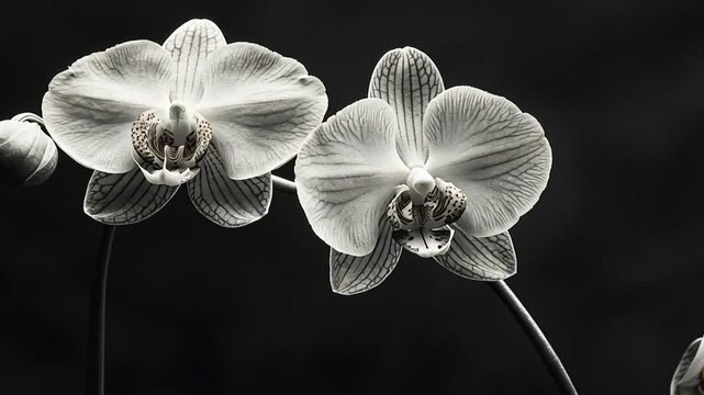 Close-up of two white orchids against a dark background.  Possible use High-end floral design or nature photography