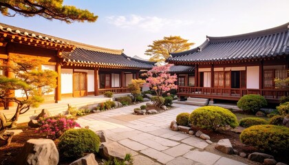 Fototapeta premium Traditional Korean house courtyard features stone pathways and tiled roofs