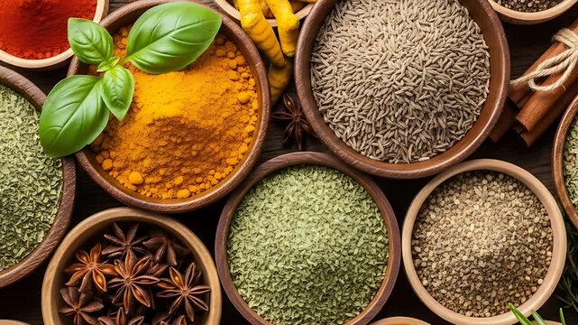 Aromatic herbs and spices in wooden bowls.