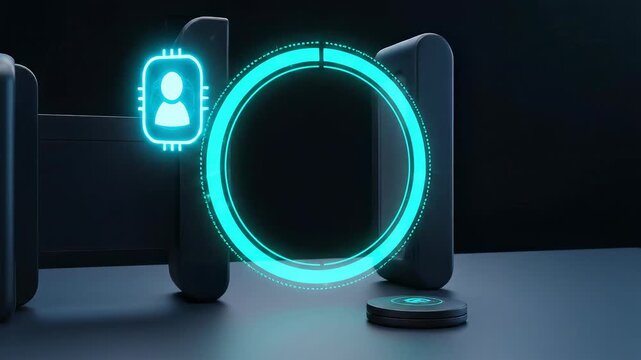 Digital Transformation - Zero-Trust Access: Verification ring completes on gate; aperture opens minimally for the user chip, then closes to idle.