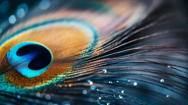 Close-up of a vibrant peacock feather with intricate details.