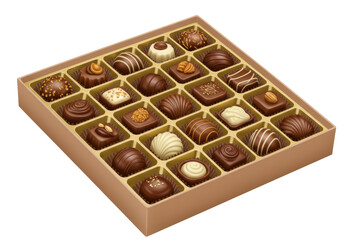 Isolated assorted chocolate box with various flavors and shapes in elegant packaging