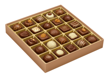 Isolated assorted chocolate box with various flavors and shapes in elegant packaging
