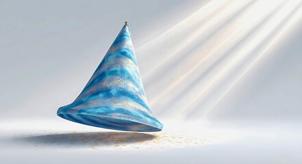 Fototapeta premium Abstract blue and white party hat illuminated by dramatic light rays on a clean surface