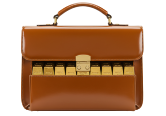 Isolated leather briefcase filled with gold bars for wealth security and investment
