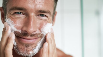 Handsome man smiles while applying shaving foam in a bright bathroom setting, enjoying a personal grooming moment