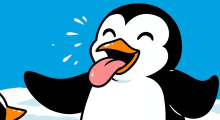 Cartoon penguin laughing with tongue out in a blue and white background