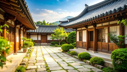 Fototapeta premium Traditional Korean house courtyard features stone pathways and tiled roofs