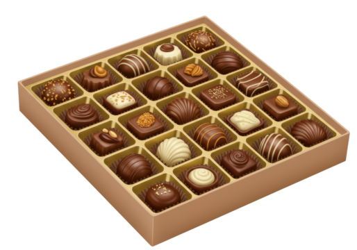 Isolated assorted chocolate box with various flavors and shapes in elegant packaging