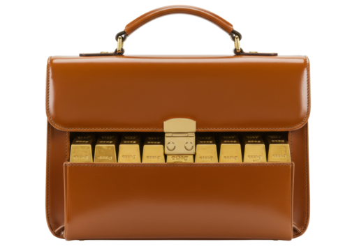 Isolated leather briefcase filled with gold bars for wealth security and investment