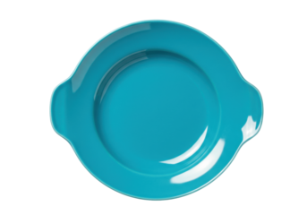 Isolated empty turquoise color plate, bowl with ear handles on rim, no food, dishware