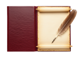 Isolated antique book with scroll and feather pen for writing romantic letters