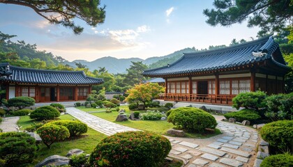 Traditional Korean house courtyard features stone pathways and tiled roofs