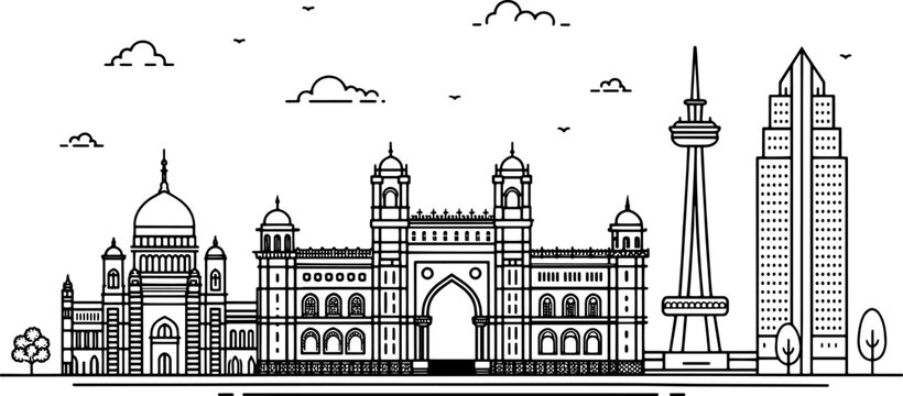 Vector Sketch of Mumbai Skyline with Iconic Landmarks like Gateway of India, Taj Palace, Bandra&ndash;Worli Sea Link, CST Terminal, and Marine Drive &mdash; For Poster Art and City Illustration Design