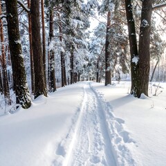 Fototapeta premium Snowy path through a pine forest. Sunlight filters through the trees