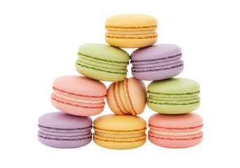 Isolated pastel macarons pyramid, colorful assorted biscuits tower, elegant dessert concept