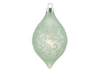 Isolated teardrop-shaped mint green Christmas ornament with delicate raised floral decoration