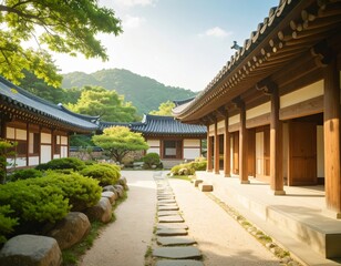 Traditional Korean house courtyard features stone pathways and tiled roofs