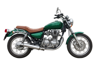 Isolated vintage motorcycle on display from the side, a classic cruiser with a green body and a brown seat