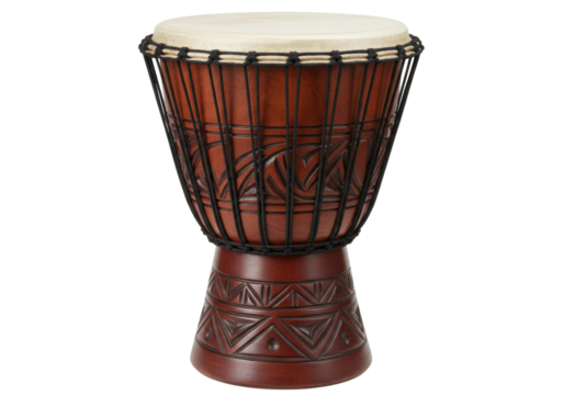 Isolated wooden djembe drum with rope tension system and carved patterns, music instrument