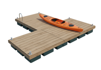 Isolated Orange Kayak on Floating Dock, Marine Platform for Boats, Pontoon for the Sea