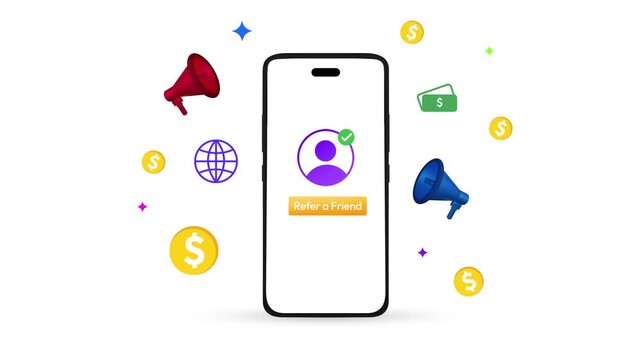 Refering customer concept with floating shapes around the mobile screen 4k animation. Marketing strategy, comission, promotion