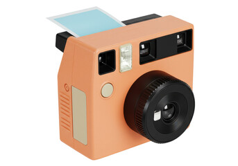 Isolated Light-Orange Instant Camera with Picture Coming Out From The Top, Close-Up