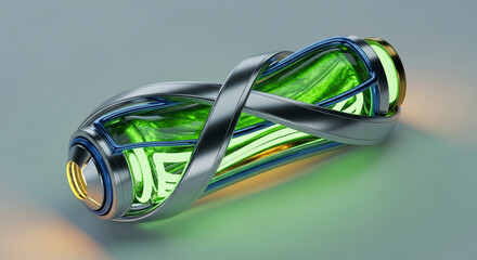 Futuristic Energy Core: Glowing Green Bio-Tech Capsule with Intertwined Metallic Bands