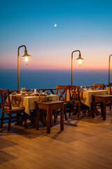 A beautifully arranged romantic dinner table overlooking the sea at sunset, featuring warm light, elegant tableware, and a peaceful seaside atmosphere. Perfect for themes of romance, luxury dining, an