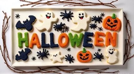 A Halloween-themed decoration featuring colorful, textured letters spelling "HALLOWEEN," surrounded by cute ghosts, pumpkins, bats, and spiders&mdash;all arranged on a white background with a rusti