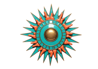Isolated image of vintage sun medallion with turquoise and orange details close-up