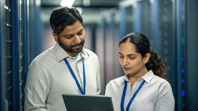 Indian male IT specialist consulting female server technician — collaborating in data center with cloud server visualization