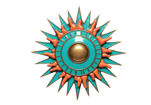 Isolated image of vintage sun medallion with turquoise and orange details close-up