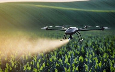 Agricultural drone spraying crops with precision in morning sunlight over green field representing modern innovation in sustainable agriculture
