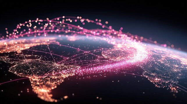 Global digital connectivity visualized through glowing data streams and illuminated cities, symbolizing international networks and technological progress