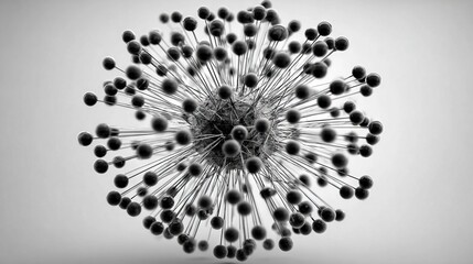 Monochrome molecular structure with interconnected spheres and rods, representing data visualization, network science, and digital complexity in 3D form