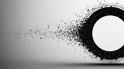 Abstract black circular ring disintegrating into digital particles on a gray background, symbolizing transformation, entropy, and the fragility of structure