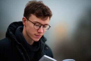 Student Reviewing Notes on University Campus, Wearing Jacket and Glasses, Studying Intently