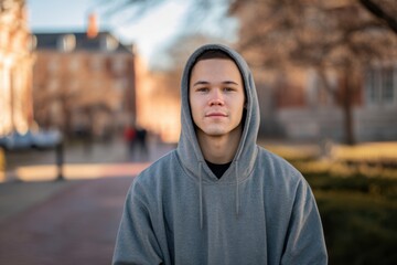 Student Wearing Hoodie on a Blurred University Campus Background During Daytime