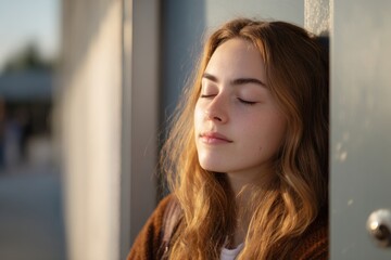 Student Resting Eyes on Campus Near a Classroom Door During Golden Hour Light