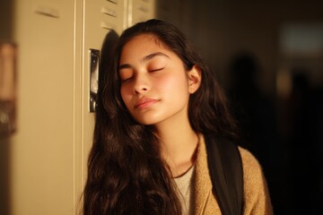 Student Resting Near Lockers at University, Eyes Closed in Deep Thought, Exhaustion or Contemplation