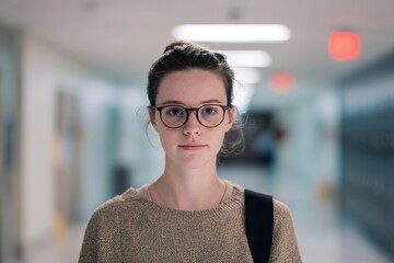 Student Stands in Empty Hallway at University Campus at Night, Wearing Glasses and Backpack