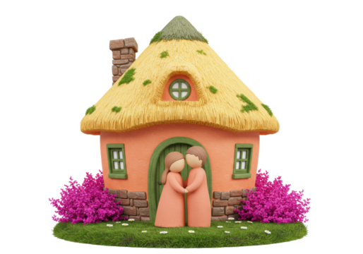 Isolated charming fairy-tale house with couple in love, love nest, romantic house for two